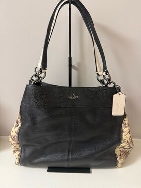 Coach Black Leather Shoulder Bag with Taupe Snake-Print Sides